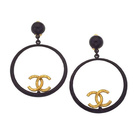 chanel black and gold hoop earrings|vintage chanel hoop earrings.